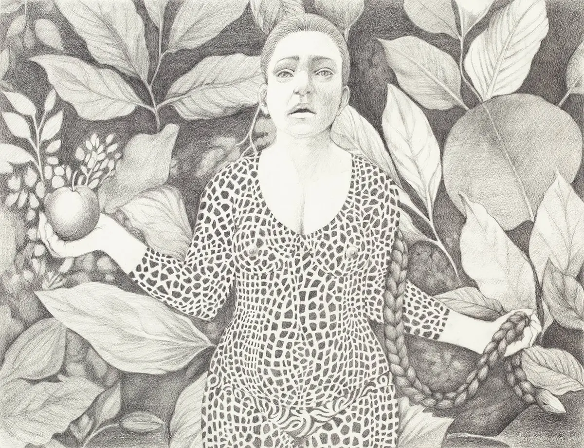 Eve’s Quandary — graphite pencil drawing of a woman holding an apple among leaves by Claudia Olds Goldie