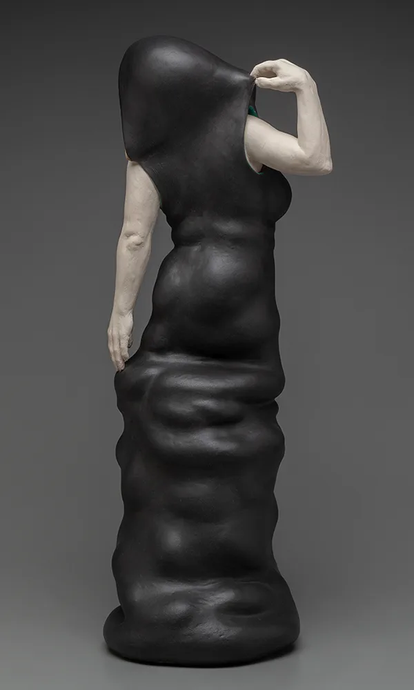 Hoodie (back) — figurative ceramic sculpture by Claudia Olds Goldie
