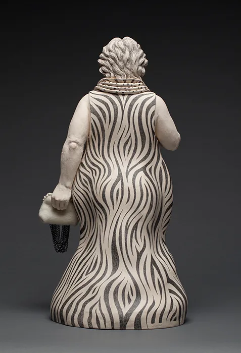 Beaded Bag (back) — figurative ceramic sculpture by Claudia Olds Goldie