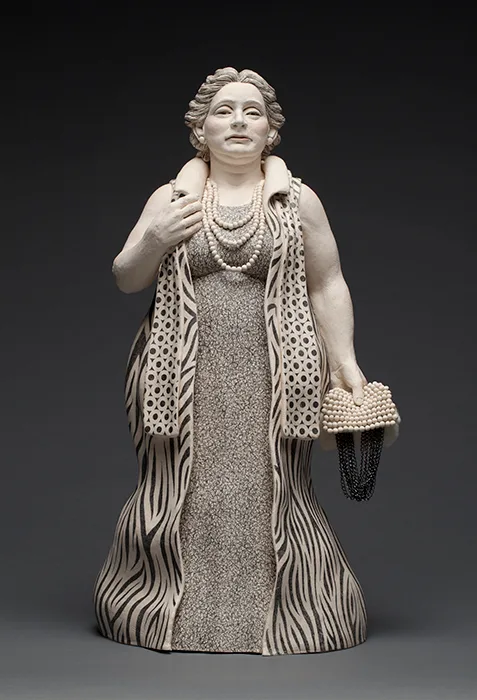 Beaded Bag (front) — figurative ceramic sculpture by Claudia Olds Goldie