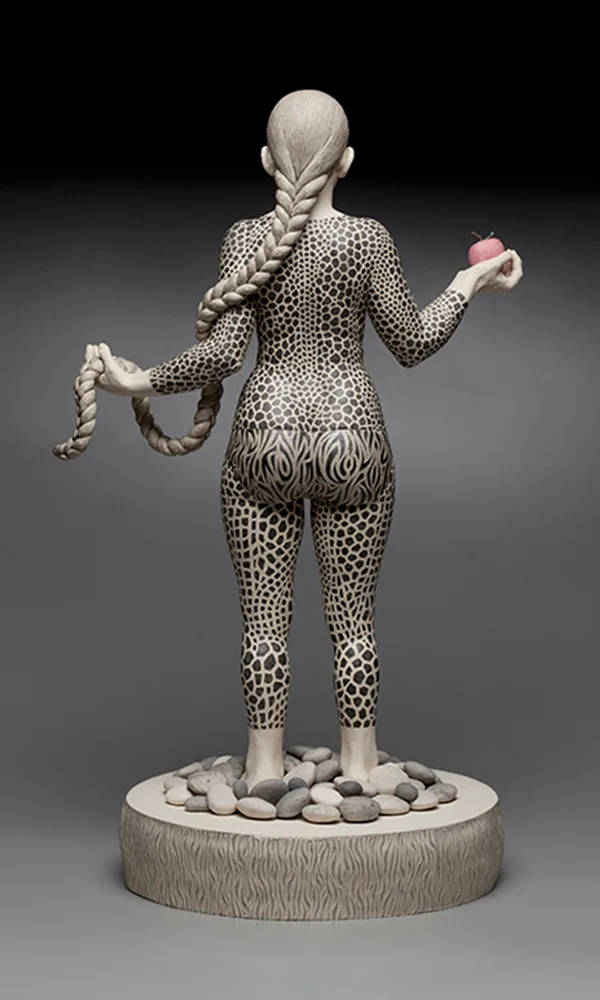 Eve’s Quandary (back) — figurative ceramic sculpture by Claudia Olds Goldie