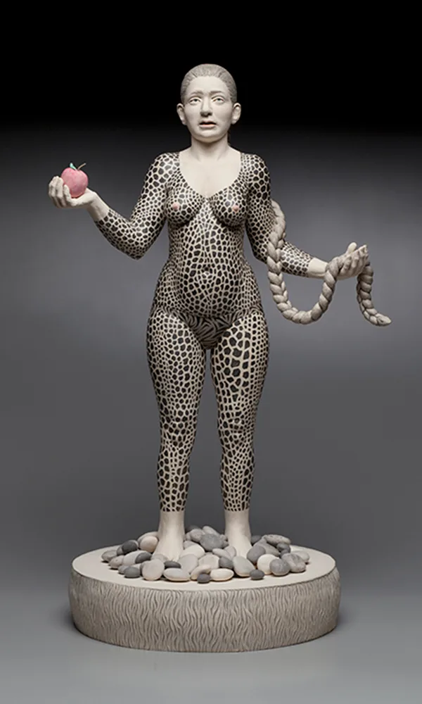 Eve’s Quandary (front) — figurative ceramic sculpture by Claudia Olds Goldie