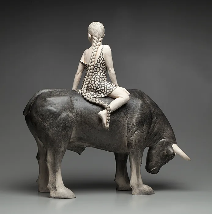 Got the Bull by the Tail (back) — figurative ceramic sculpture by Claudia Olds Goldie