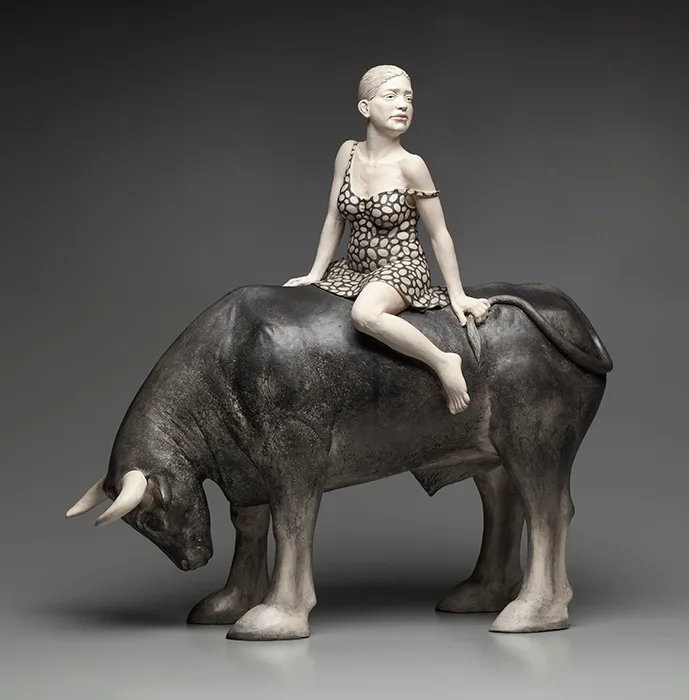 Got the Bull by the Tail (front) — figurative ceramic sculpture by Claudia Olds Goldie