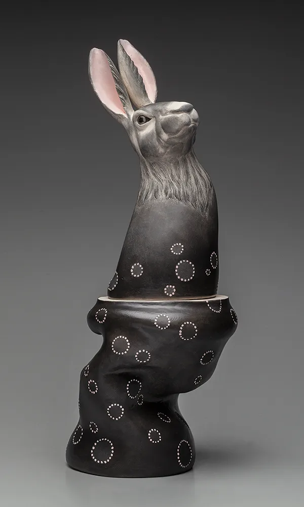 Hop into Wonderland — figurative ceramic sculpture by Claudia Olds Goldie