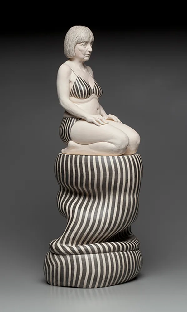 Stay Calm and Wait (3/4 view) — figurative ceramic sculpture by Claudia Olds Goldie