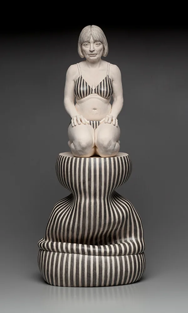 Stay Calm and Wait (front view) — figurative ceramic sculpture by Claudia Olds Goldie