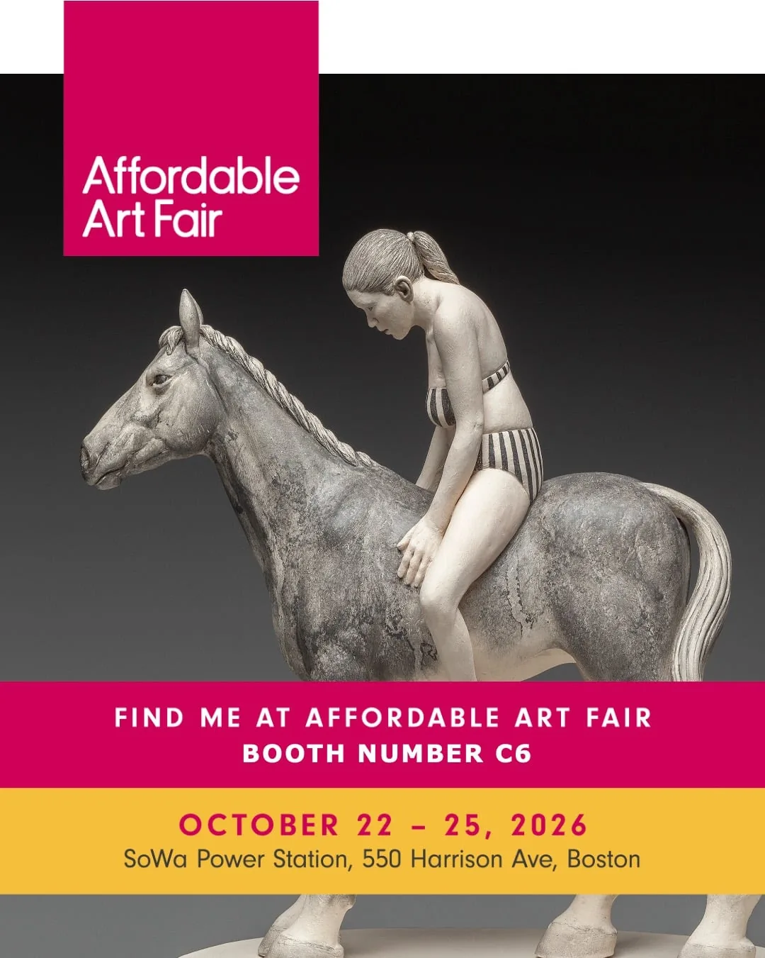 Affordable Art Fair Boston, booth C6 — ceramic horse and rider sculpture by Claudia Olds Goldie
